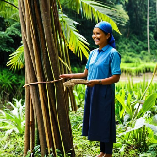 Home 4 A female traveler, of diverse background, fully clothed in modest and comfortable adventure attire, gently interacting with a local guide during an eco-tourism activity in a lush, serene Malaysian eco-resort in Janda Baik. She is observing traditional craft making or participating in a tree-planting initiative, smiling warmly. The setting is bathed in natural sunlight, with traditional wooden structures and vibrant greenery. The image conveys a sense of community engagement and sustainability. Professional photography, high quality, perfect anatomy, correct proportions, natural pose, well-formed hands, proper finger count, natural body proportions, safe for work, appropriate content, appropriate attire, family-friendly.