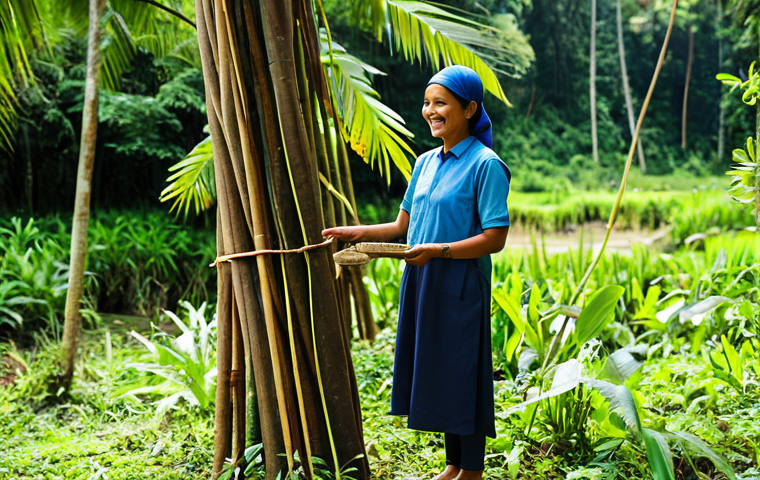 A female traveler, of diverse background, fully clothed in modest and comfortable adventure attire, gently interacting with a local guide during an eco-tourism activity in a lush, serene Malaysian eco-resort in Janda Baik. She is observing traditional craft making or participating in a tree-planting initiative, smiling warmly. The setting is bathed in natural sunlight, with traditional wooden structures and vibrant greenery. The image conveys a sense of community engagement and sustainability. Professional photography, high quality, perfect anatomy, correct proportions, natural pose, well-formed hands, proper finger count, natural body proportions, safe for work, appropriate content, appropriate attire, family-friendly.